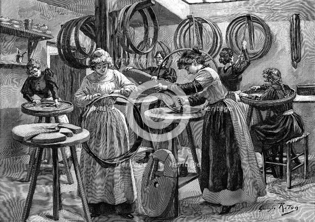 Women making pneumatic tyres for bicycles, France, 1896. Artist: Unknown