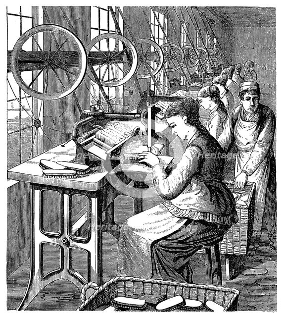 Women securing bristles in brushes using Woodbury's machine, late 19th century. Creator: Unknown.