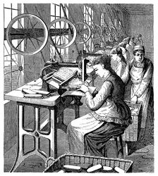 Women securing bristles in brushes using Woodbury's machine, late 19th century. Creator: Unknown