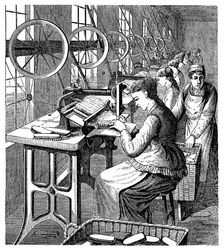 Women securing bristles in brushes using Woodbury's machine, late 19th century