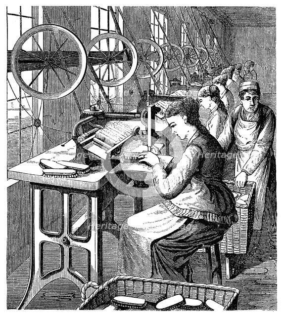 Women securing bristles in brushes using Woodbury's machine, late 19th century. Artist: Unknown