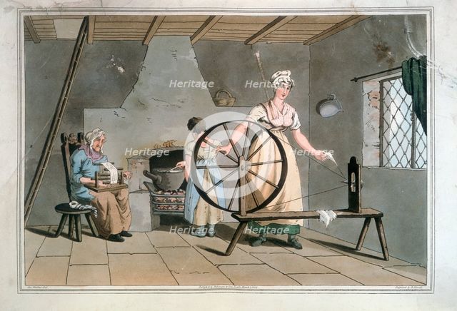 Women Spinning and Carding Wool, 1814. Creator: George Walker of Seacroft.