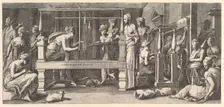 Women spinning, weaving and sewing, 1540-50. Creator: Master FG