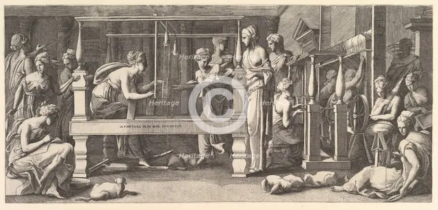 Women spinning, weaving and sewing, 1540-50. Creator: Master FG.