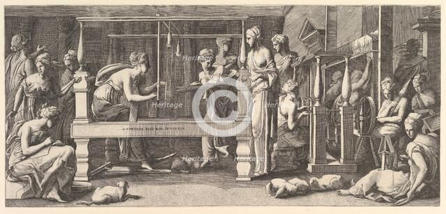 Women spinning, weaving and sewing, 1540-50. Creator: Master FG.