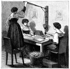 Women packing dynamite cartridges, 1888. Artist: Anon
