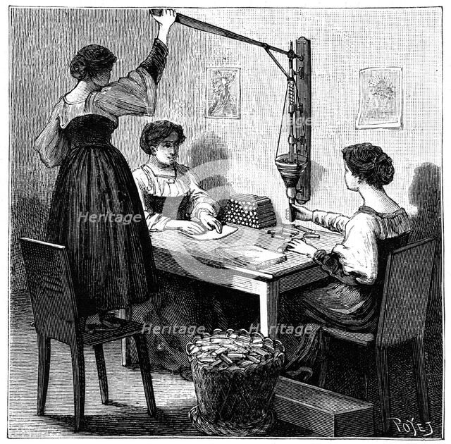 Women packing dynamite cartridges, 1888.  Artist: Anon