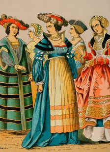 Women's dresses from different social classes, German, 1500-1550, (1881). Creator: Unknown
