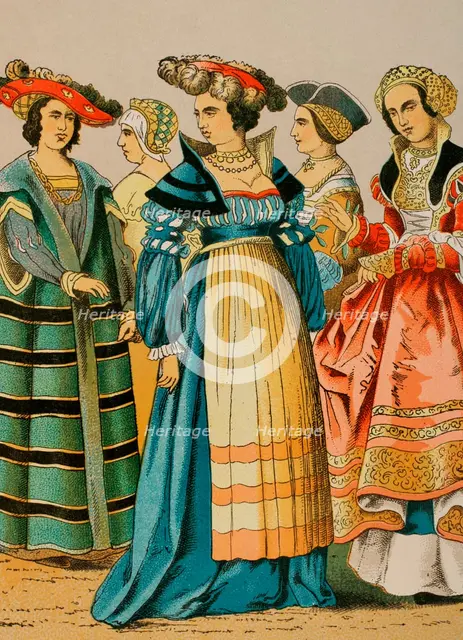 Women's dresses from different social classes, German, 1500-1550, (1881).  Creator: Unknown.