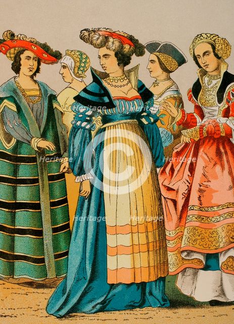 Women's dresses from different social classes, German, 1500-1550, (1881).  Creator: Unknown.