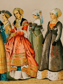 Women's dresses from different social classes, German, 1500-1550, (1881). Creator: Unknown
