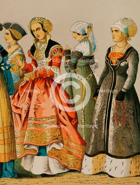 Women's dresses from different social classes, German, 1500-1550, (1881).  Creator: Unknown.