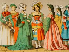 Women's dresses from different social classes, German, 1500-1550, (1881). Creator: Unknown