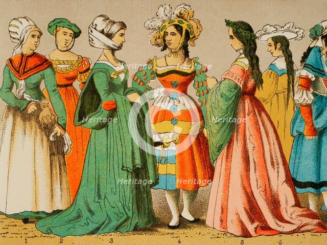 Women's dresses from different social classes, German, 1500-1550, (1881).  Creator: Unknown.