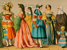 Women's dresses from different social classes, German, 1500-1550, (1881). Creator: Unknown