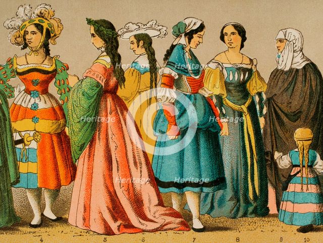 Women's dresses from different social classes, German, 1500-1550, (1881).  Creator: Unknown.