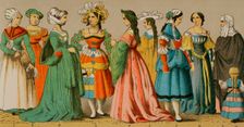 Women's dresses from different social classes, German, 1500-1550, (1881). Creator: Unknown