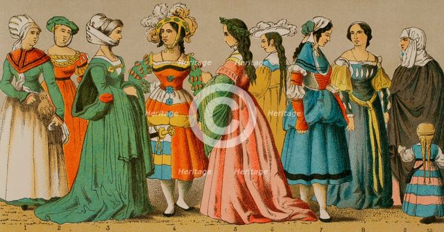 Women's dresses from different social classes, German, 1500-1550, (1881).  Creator: Unknown.