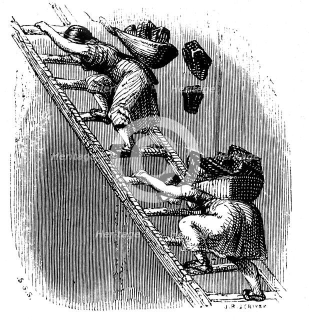 Women workers hauling coal to the surface up a ladder. Artist: Unknown