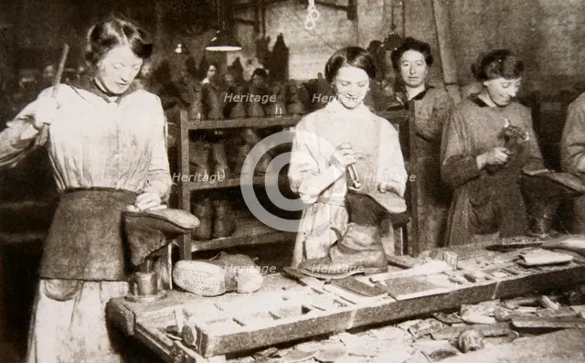 Women working in a boot repairing factory, Old Kent Road, London, World War I, c1914-c1918. Creator: S and G.