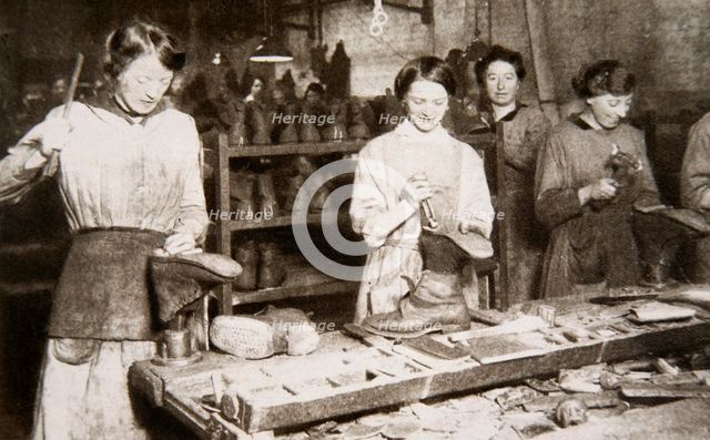 Women working in a boot repairing factory, Old Kent Road, London, World War I, c1914-c1918. Creator: S and G.