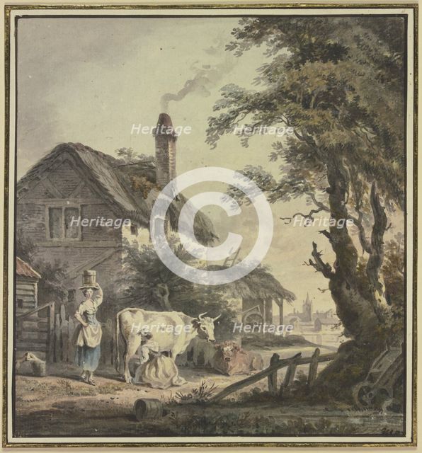 Women with cows in front of a farmhouse, 18th century. Creator: Netherlandish, 18th century;.