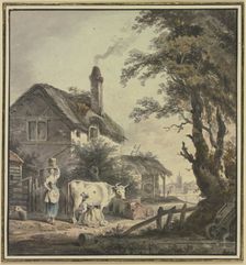 Women with cows in front of a farmhouse, 18th century. Creator: Netherlandish, 18th century;