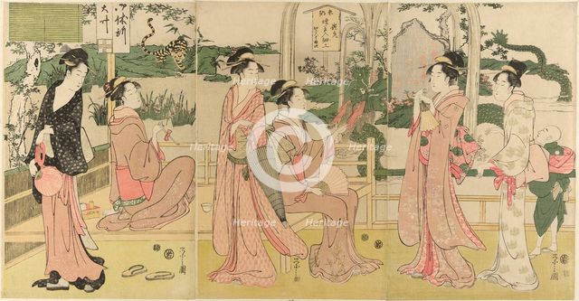 Women viewing dragon and tiger made of tobacco pouches, c. 1795. Creator: Hosoda Eishi.