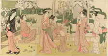 Women viewing dragon and tiger made of tobacco pouches, c. 1795. Creator: Hosoda Eishi