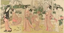Women viewing dragon and tiger made of tobacco pouches, c. 1795. Creator: Hosoda Eishi