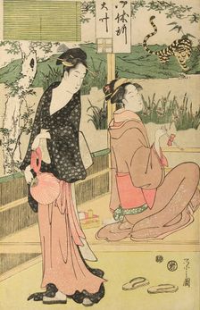 Women viewing dragon and tiger made of tobacco pouches, c. 1795. Creator: Hosoda Eishi