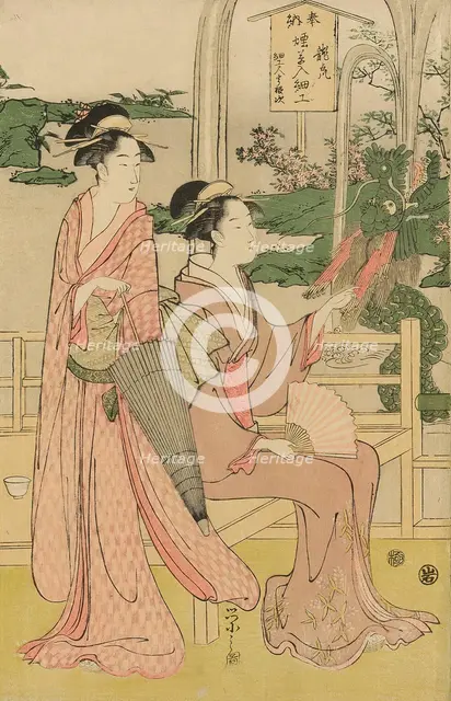 Women viewing dragon and tiger made of tobacco pouches, c. 1795. Creator: Hosoda Eishi.
