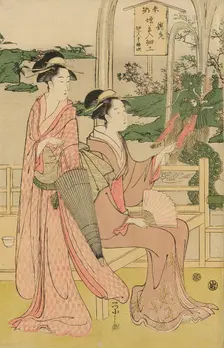 Women viewing dragon and tiger made of tobacco pouches, c. 1795. Creator: Hosoda Eishi