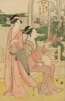 Women viewing dragon and tiger made of tobacco pouches, c. 1795. Creator: Hosoda Eishi
