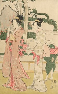 Women viewing dragon and tiger made of tobacco pouches, c. 1795. Creator: Hosoda Eishi