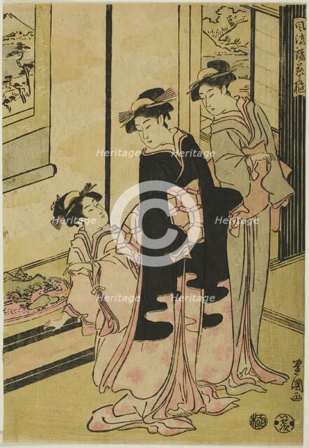 Women viewing miniature landscape, from the series "Furyu moro hanami uwari", n.d. Creator: Utagawa Toyokuni I.