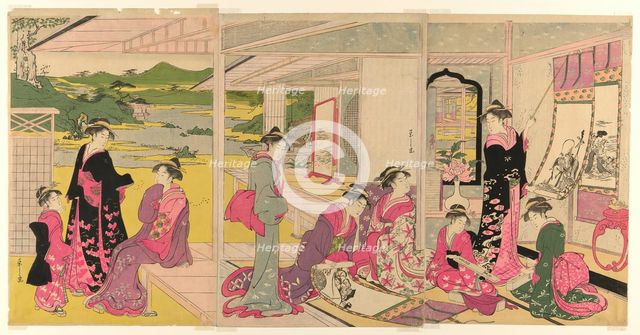 Women Viewing Scroll Paintings of the Gods of Good Fortune, late 18th-early 19th century. Creator: Hosoda Eishi.