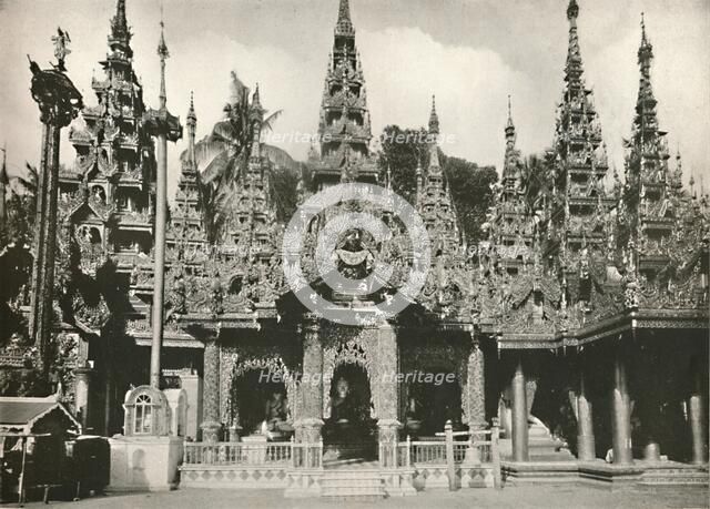 'Wood Carved Shrines with Glass Mosaic work at the Shwe Dagon Pagoda, Rangoon', 1900. Creator: Unknown.