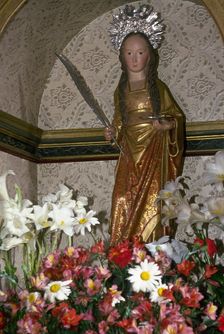 Wood carving of Saint Lucy, Hermitage of St Lucy, Puntallana, La Palma, Canary Islands, 2001. Creator: LTL