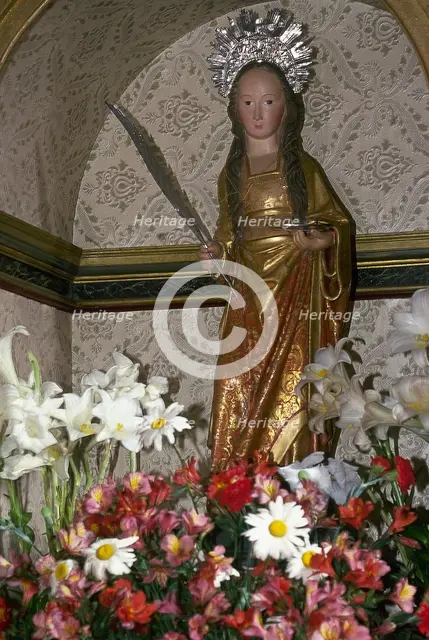 Wood carving of Saint Lucy, Hermitage of St Lucy, Puntallana, La Palma, Canary Islands, 2001. Creator: LTL.