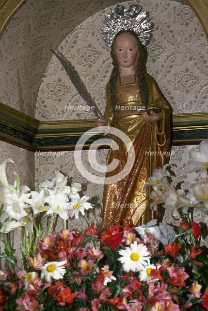 Wood carving of Saint Lucy, Hermitage of St Lucy, Puntallana, La Palma, Canary Islands, 2001. Creator: LTL.