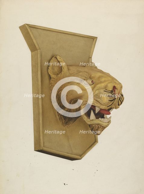 Wood Carving of Tiger's Head, c. 1939. Creator: Joseph Glover.