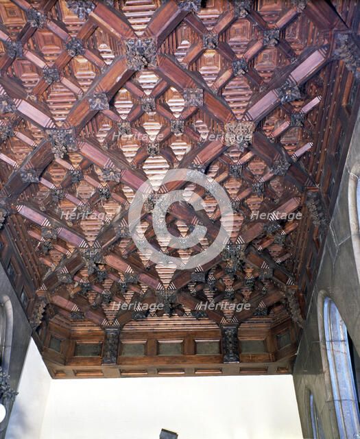 Wood coffered ceiling in one of the upstairs ceilings of the Güell Palace, built between 1886 and…