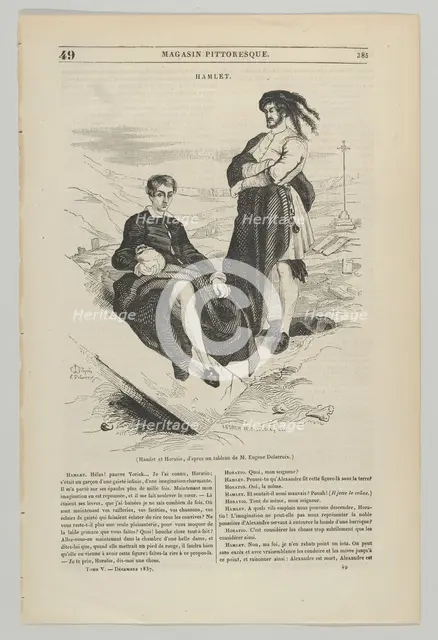 Wood engraving after painting by Delacroix of Hamlet and Horatio, December 1837. Creator: Andrew Best Leloir.