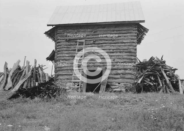 Wood stacked up preliminary to firing the tobacco, Person County, North Carolina, 1939. Creator: Dorothea Lange.