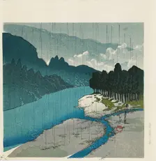 Woodblock print - Rain at Okutama River 1988. Artist: Hasui Kawase