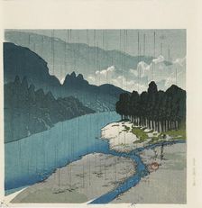 Woodblock print - Rain at Okutama River 1988. Artist: Hasui Kawase