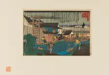 Woodblock print - Rain scene at kita-shinchi in Osaka. People with umbrellas, 19th century. Artist: Hasegawa Sadanobu