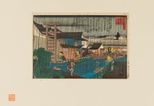 Woodblock print - Rain scene at kita-shinchi in Osaka. People with umbrellas, 19th century. Artist: Hasegawa Sadanobu