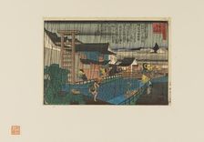 Woodblock print - Rain scene at kita-shinchi in Osaka. People with umbrellas, 19th century. Artist: Hasegawa Sadanobu